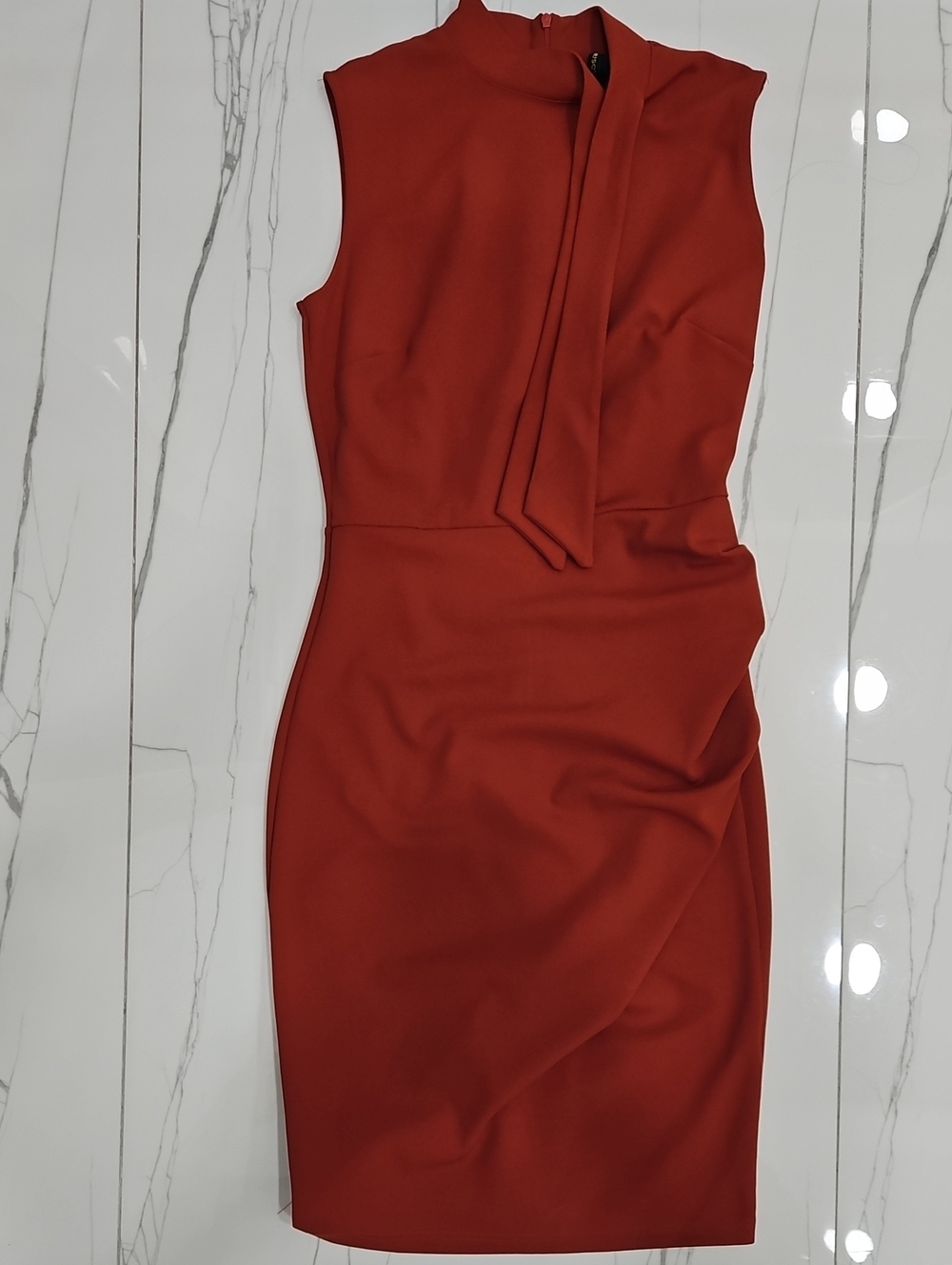 Miusol Sleeveless Tie-Neck Cocktail Pencil Dress in Rust Orange.